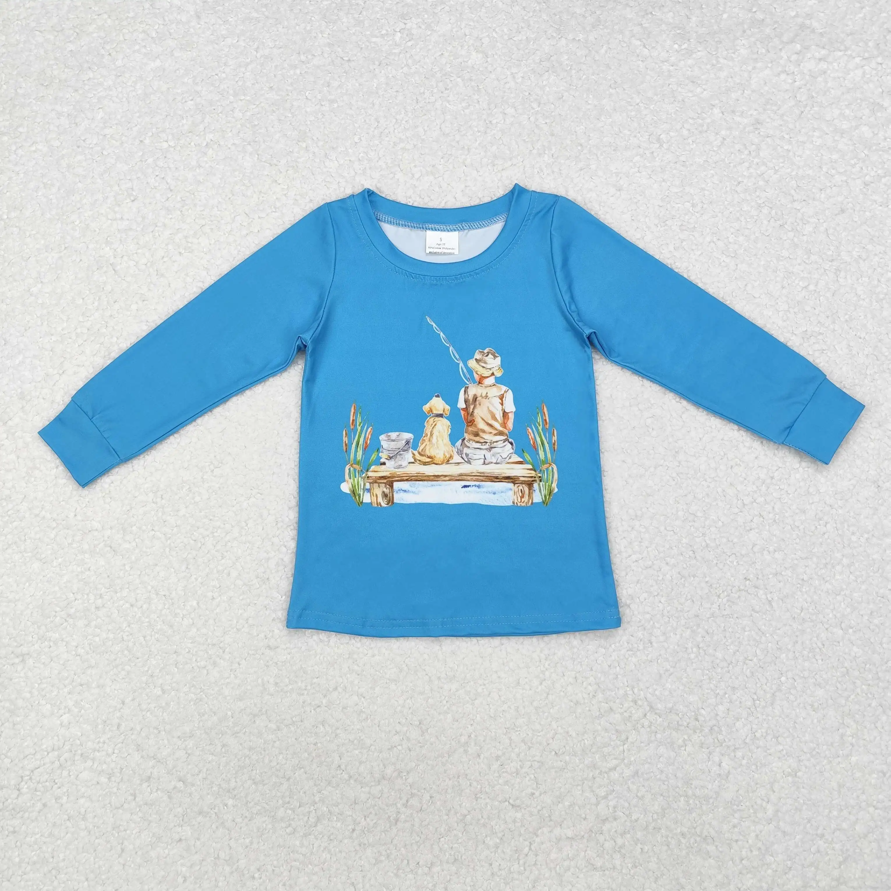 BT0895 Wholesale New Arrival kids clothes boys Puppy boy fishing blue long sleeve top Boutique Top baby boy clothes Shirt