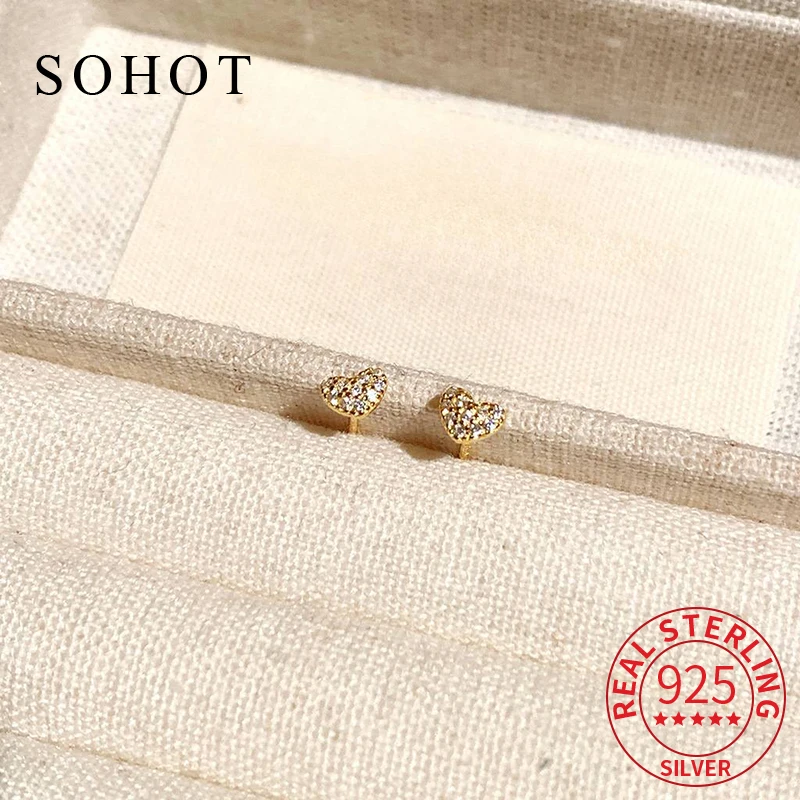 

Real 925 Sterling Silver Minimalist Zircon Cute Heart Mini Stud Earrings for Charm Women Trendy Fine Jewelry OL Accessories