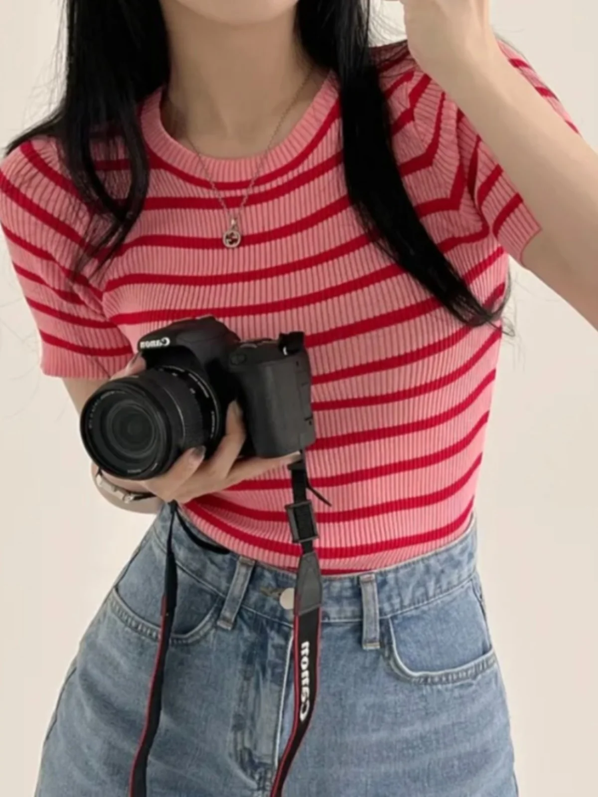 Top lavorato a maglia ort Sve in seta di ghiaccio estiva slim fit da donna rotondo Ne Stripe Color Blo Casual Versatile Faionable irt