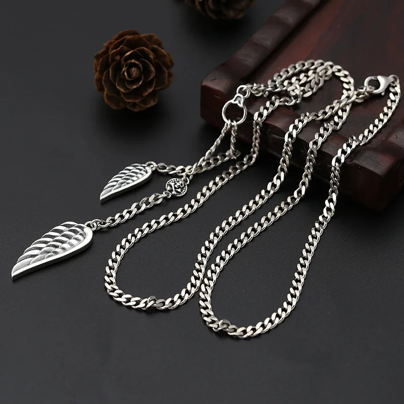 

Sterling silver unique fashion accessories wings necklace Thai silver hipster versatile trendy men and women 3.5mm thin chain