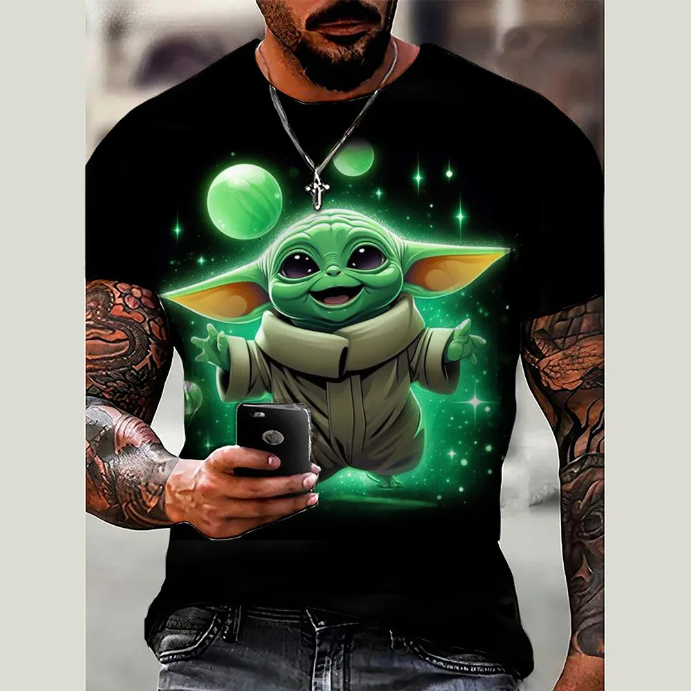 Disney Summer T Shirt Marvel Yoda Baby PrintShort Sleeve Streetwear Oversized Tops Casual Outfits Fashion Black And White Men's