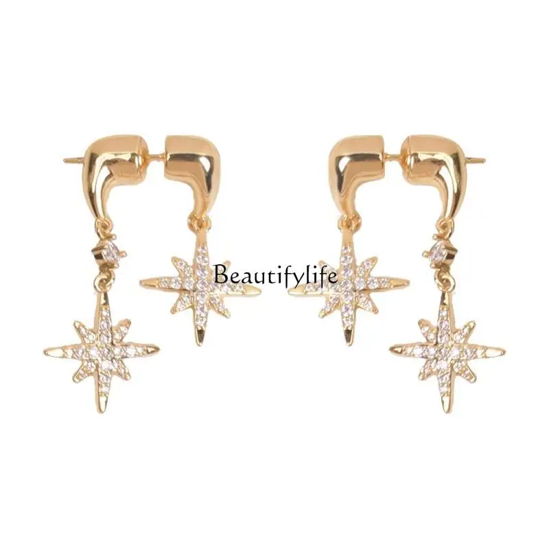 

S925 sterling silver octagram stud earrings, light luxury niche high-end super flash zircon, a two-wear earring.