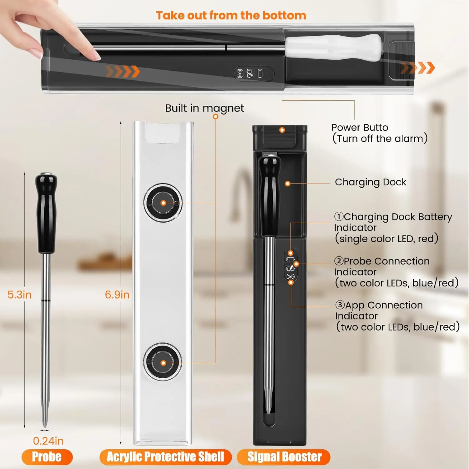 ChefLab Truly Wireless Meat Thermometer, 500FT Long Range Bluetooth Digital Food Thermometer, IP Waterproof Probe for BBQ Grill Oven Rotisserie Turkey Beef Cooking