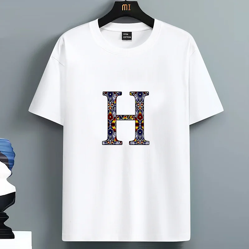 

2025 Summer Men's T-shirt High Quality 100 Cotton Letter H Printed Loose O-neck Men Short Sleeve Casual For Male T-shirt Top Tee