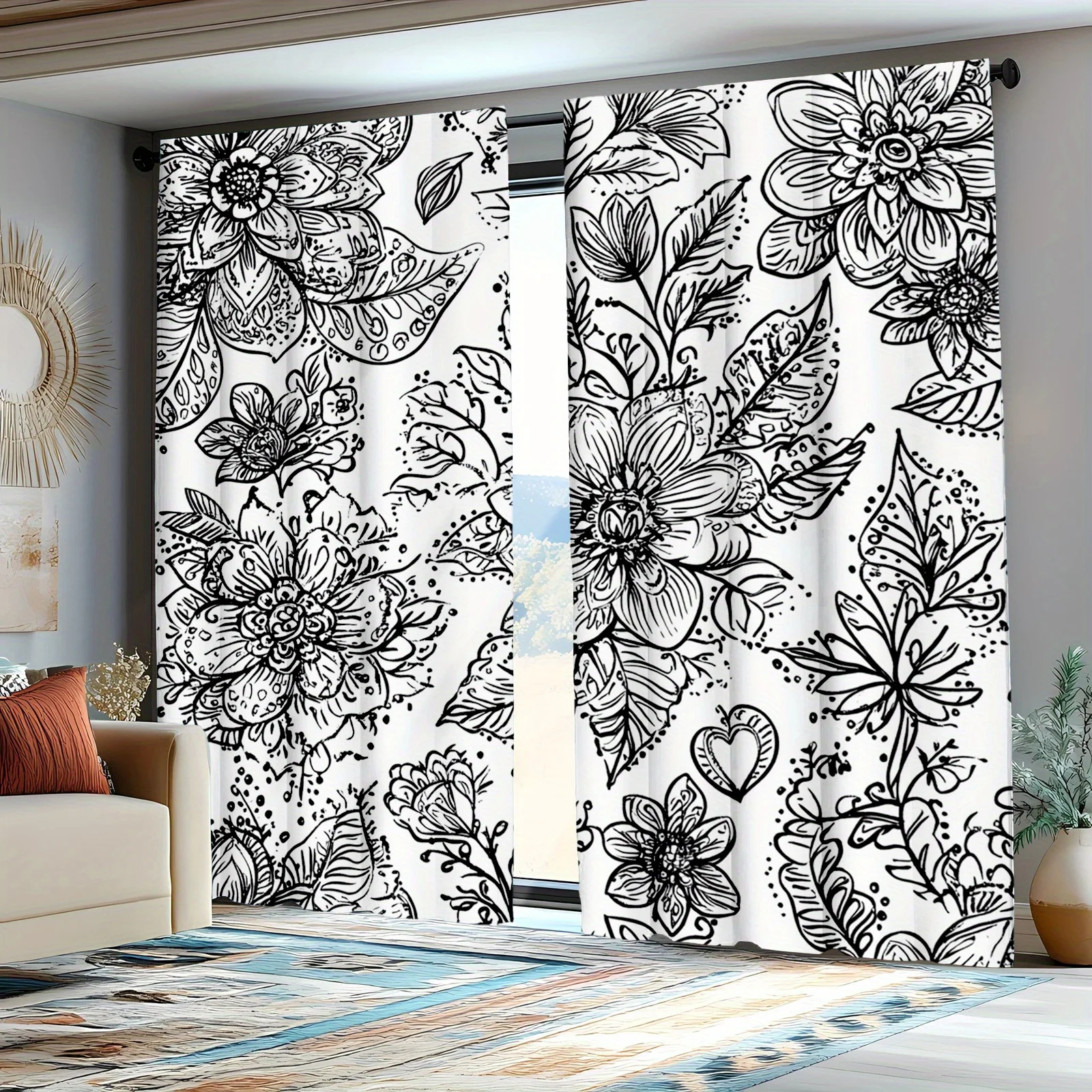 2 Pieces Floral Graffiti Pattern Curtains, Polyester Fabric, Machine Washable, Suitable for Bedroom Living Room Decoration
