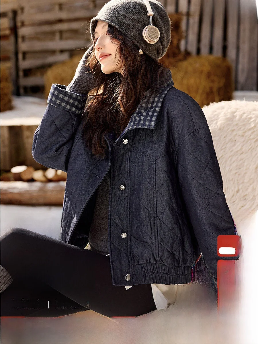

XWI Color Blo Plaid Denim Cotton Jaet Women's Winter Slim Fit Warm Outerwear Non-Puffy Commute Sle Thiened Long Sve