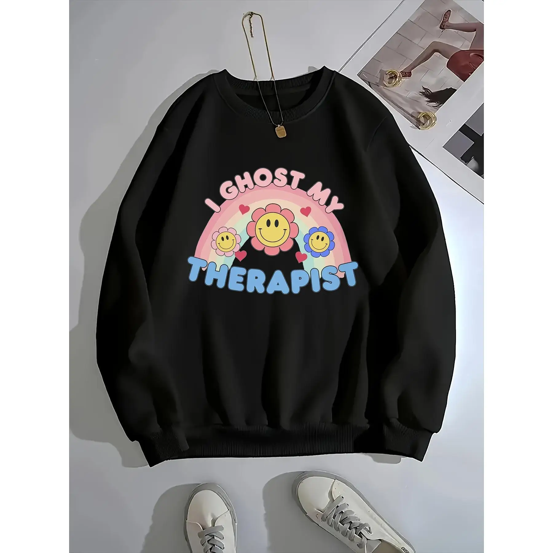 

Funny I Ghost My Therapist Women's Sweatshirt, Vintage Rainbow Flower Print Pullover, Humorous Mental Health Top