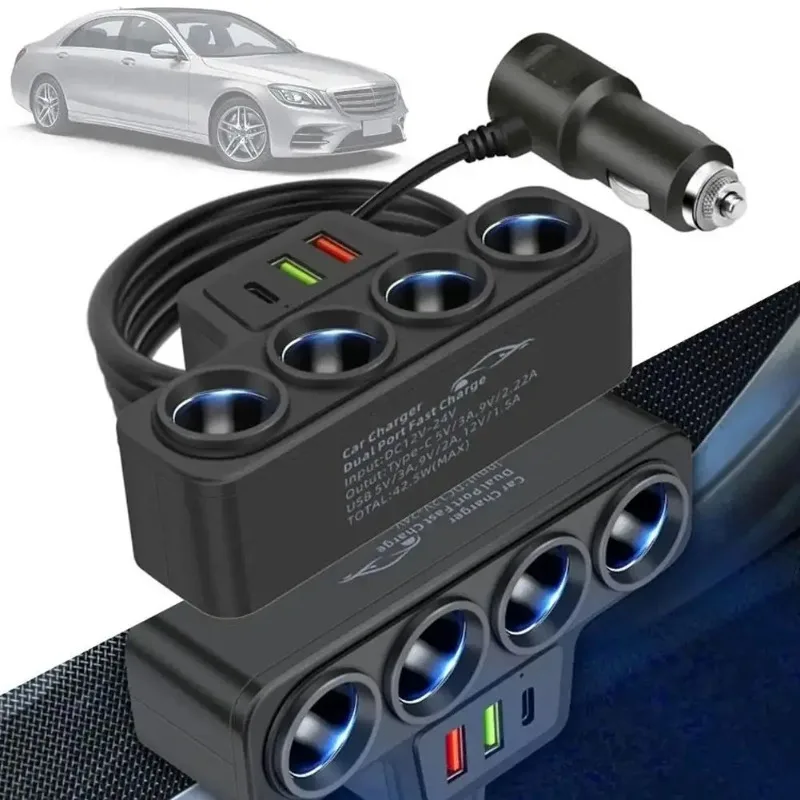 

12V/24V Car Cigarette Lighter Adapter New 4-Socket 3.1A Charger Charger USB Car USB+QC3.0+PD3.1A Accessories Port USB 120W