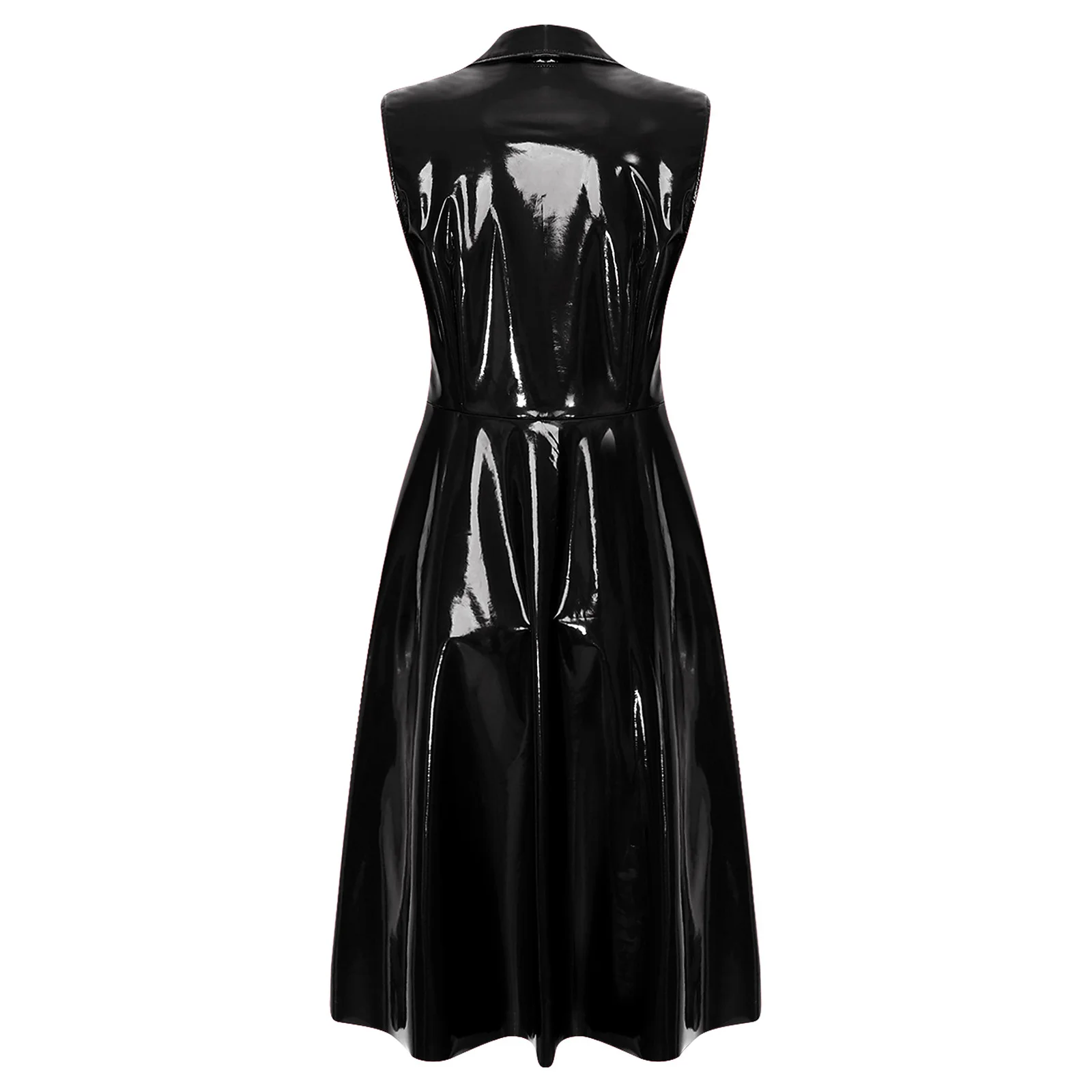 Long Black Holographic Shiny Trench Coat Sleeveless Soft PVC Leather Trench Coat for Women European Buckle Waist Jacket Blazer