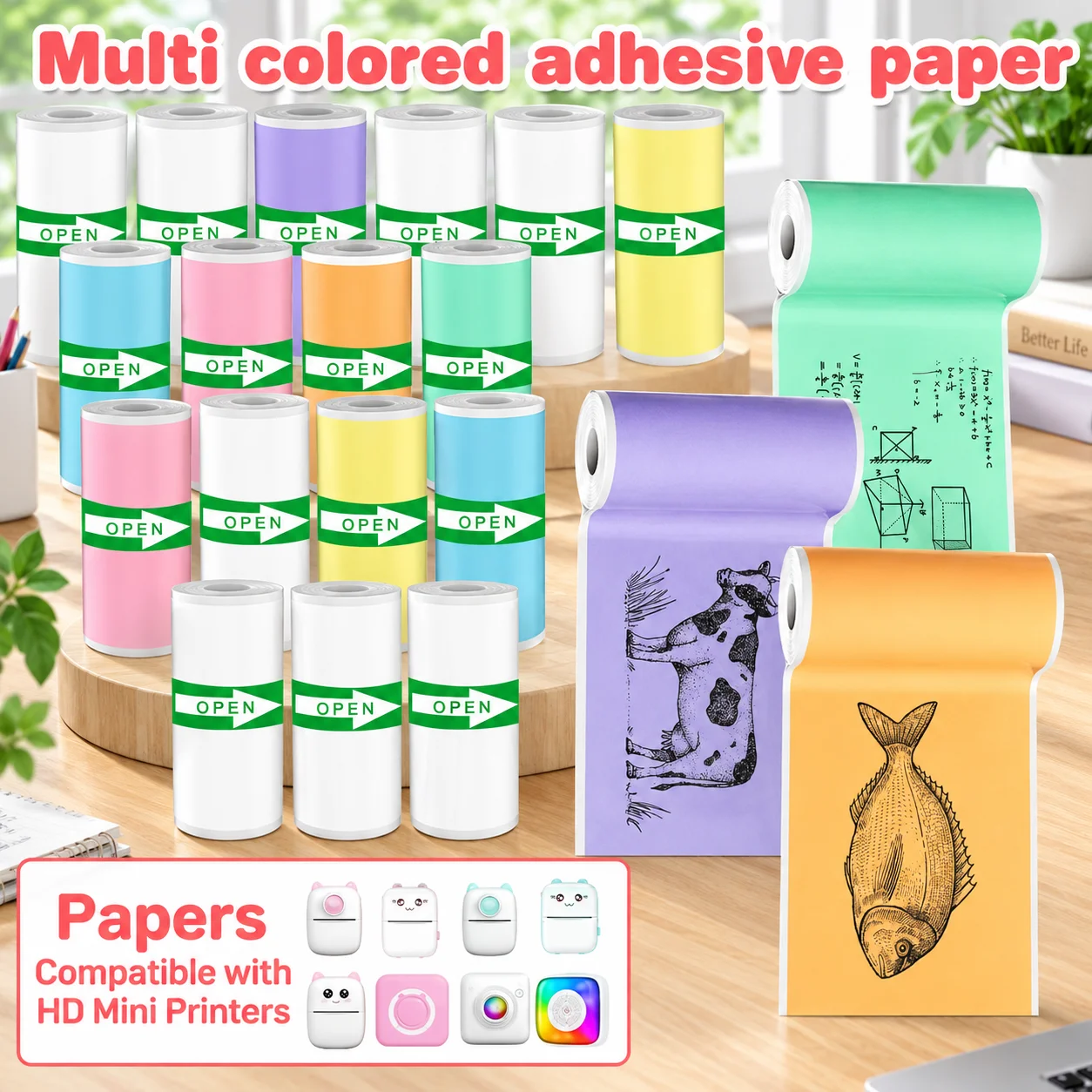 10/20 Multi-Color Self-Adhesive Printer Paper Rolls, 57 mm Wide Continuous Paper, Compatible with Most Portable Mini Printers, Ideal for Wireless Printing of Study Notes, Document Organization, Photos, Receipts, and Product Labels