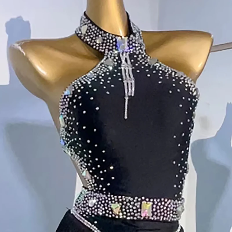 Costume de danse latine avec strass, vêtements pour femmes, haut de gamme, personnalisé, grande jupe à franges dos nu, robe à fleurs, robe de spectacle Samba