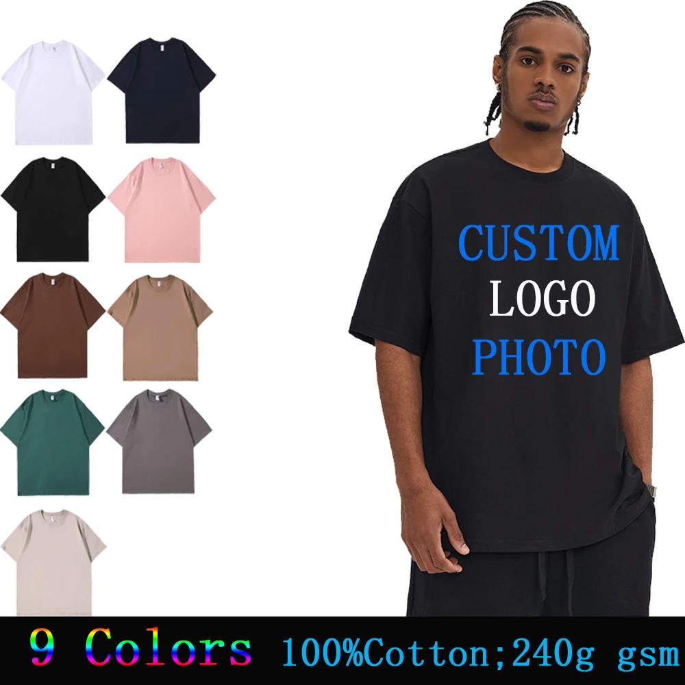 240g Gsm 100% Cotton Dropped Shoulder Loose Short Sleeve Tops Tee  Custom  picture text logo O-Neck Heavyweight  Men T-Shirt