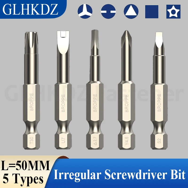 

50mm Special Shaped Screwdriver Bit Set U-shaped/Y-shaped/Five-star/Triangular/Square Electric Screwdriver Bit Kit 1/4"Hex Shank