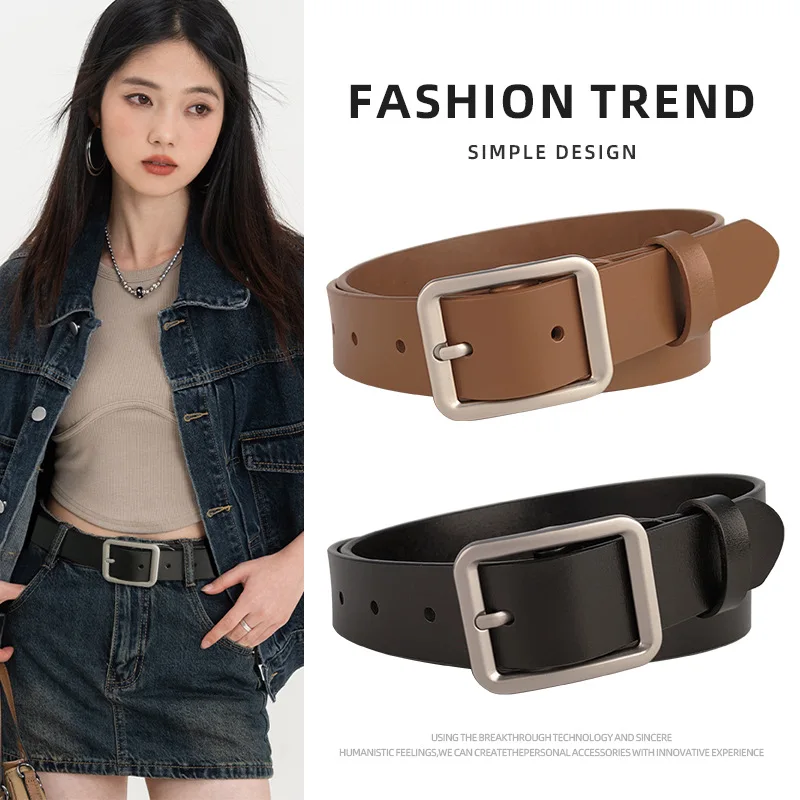 

High Quality New Genuine Leather Belt With Square Buckle For Women's Korean Version Of Youth High-End Texture Thin Narrow Belt