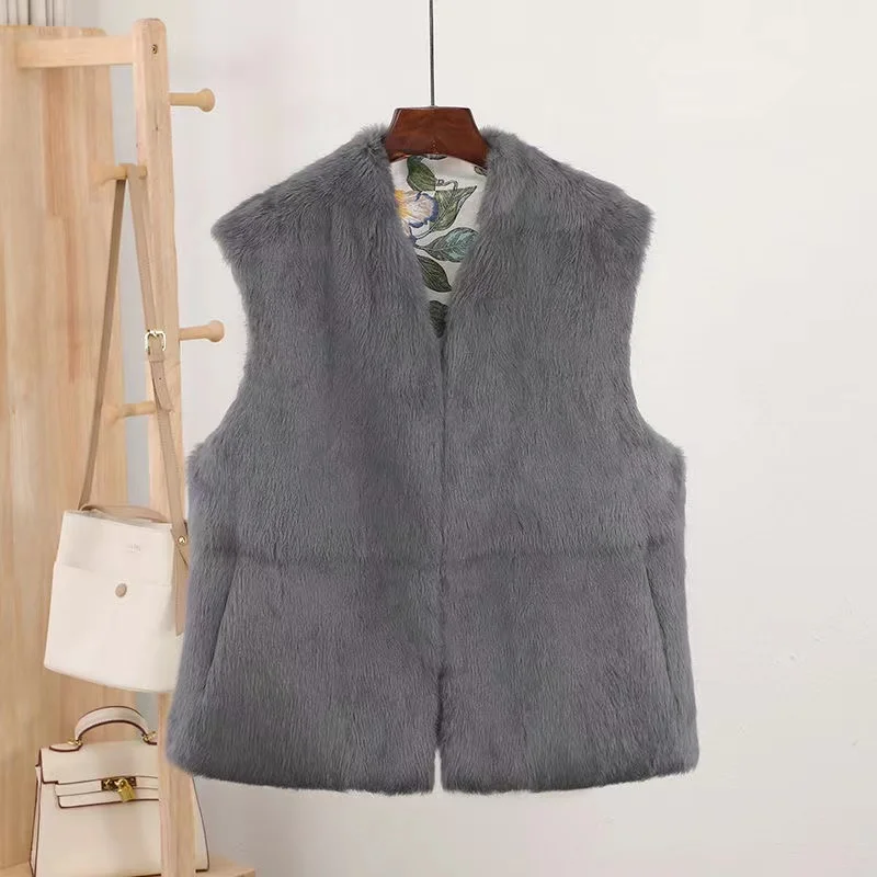 New Chinese Style Rabbit Fur Vest Women One-piece Fur Double Wear Outer Jacket Vintage Fashion Autumn Winter Sleeveless Fur Coat