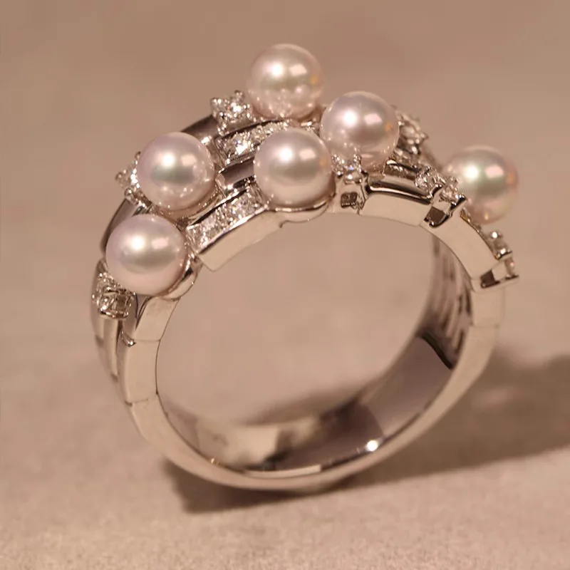 New Wide Multi-layer Pearl Zircon Rings for Women Wedding Band Accessories Daily Wear Girl's 925 Sterling Silver Jewelry