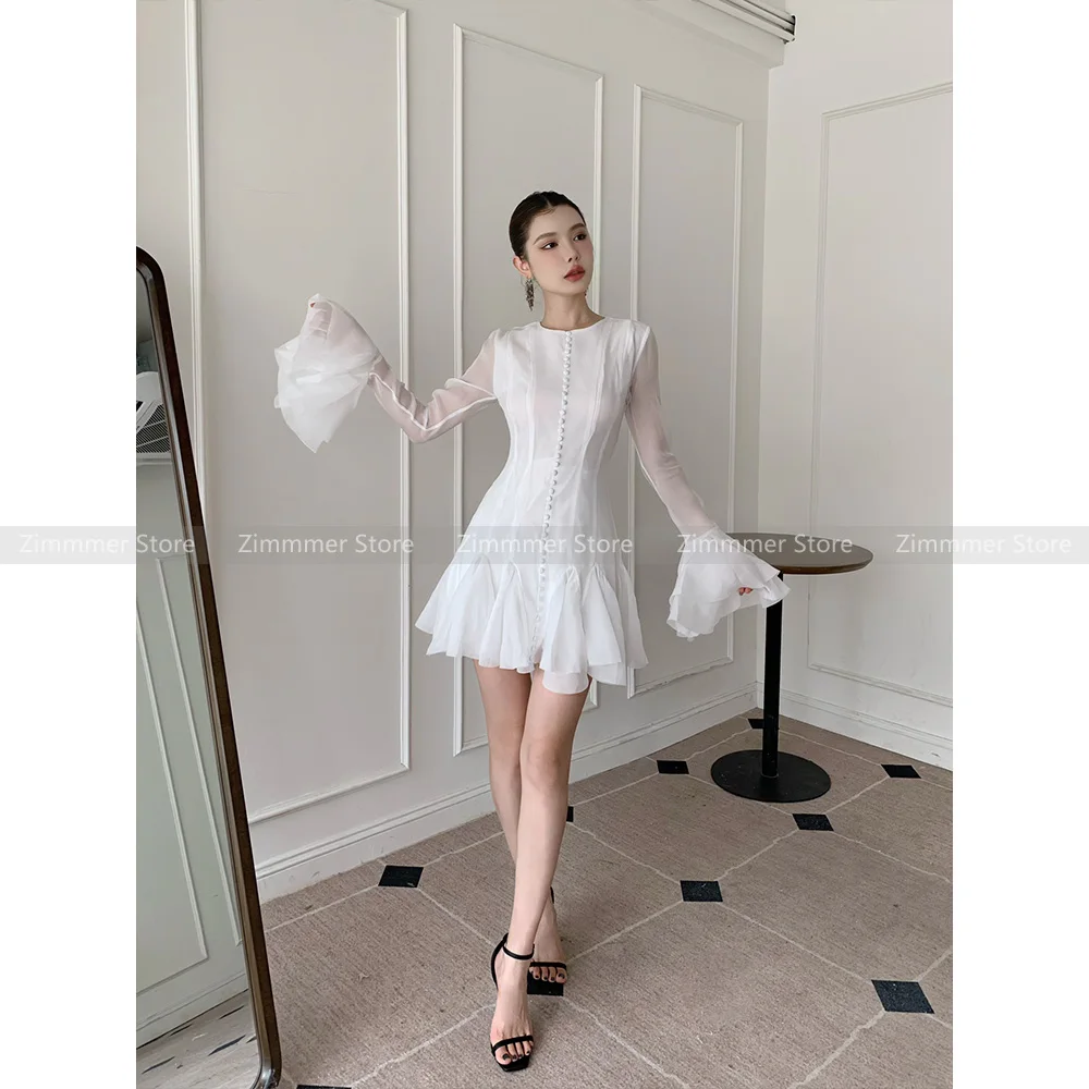 Vietnam niche design flared sleeves single-breasted waisted puffy skirt fairy wind temperament absolutely beautiful dresses