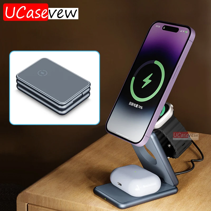 Magnetic 3 in 1 Foldable Wireless Charger Stand For iPhone 15 14 13 12 Apple Watch7 8 Samsung Galaxy Watch Fast Charging Station