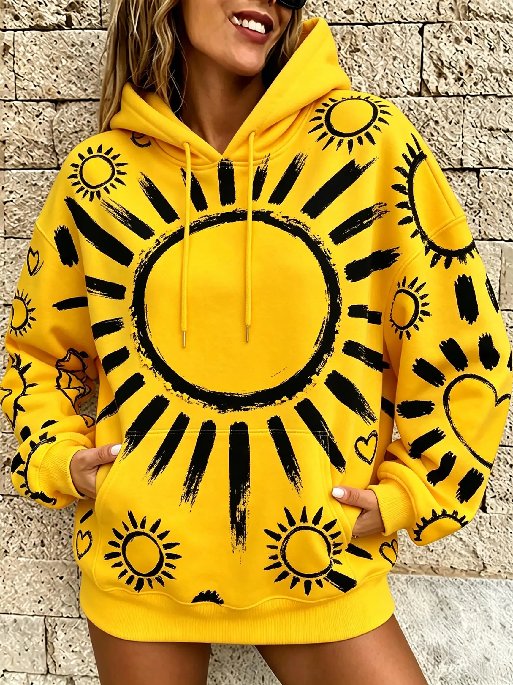 Ladies Fleece Hooded Sweatshirt Abstract Doodle Full Print, Vibrant Hand Painted Graphic Oversized Pullover Hoodie
