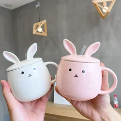 Cartoon Rabbit with Lid Spoon Ceramic Cup Coffee Breakfast  Mug Cute Student Couple    Household Kitchen Supplies