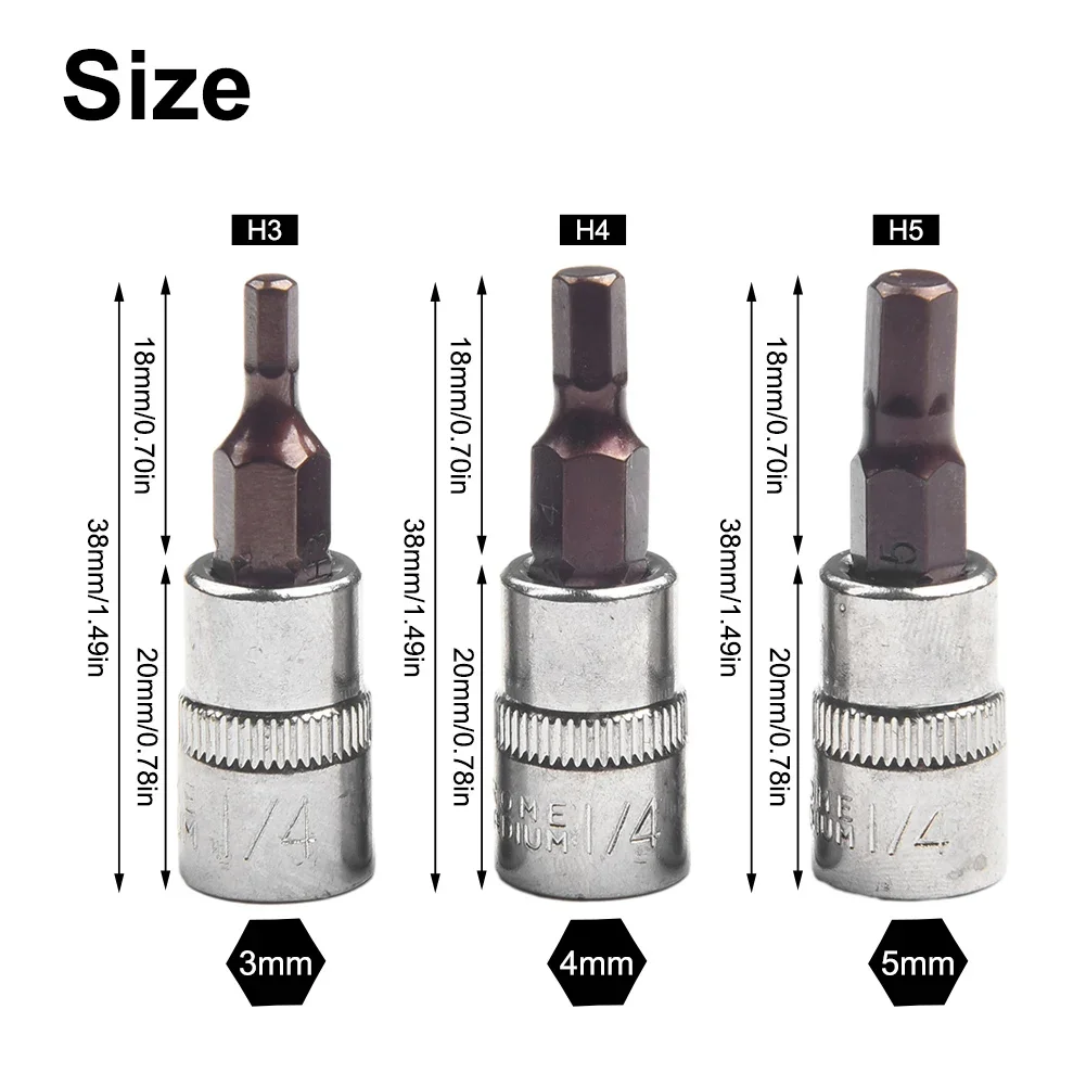 

Drive Socket Screwdriver Bit Nutdrivers Hex Head Replacement Accessories Silver 1/4 Inch 3Pcs Chrome Vanadium Steel H4