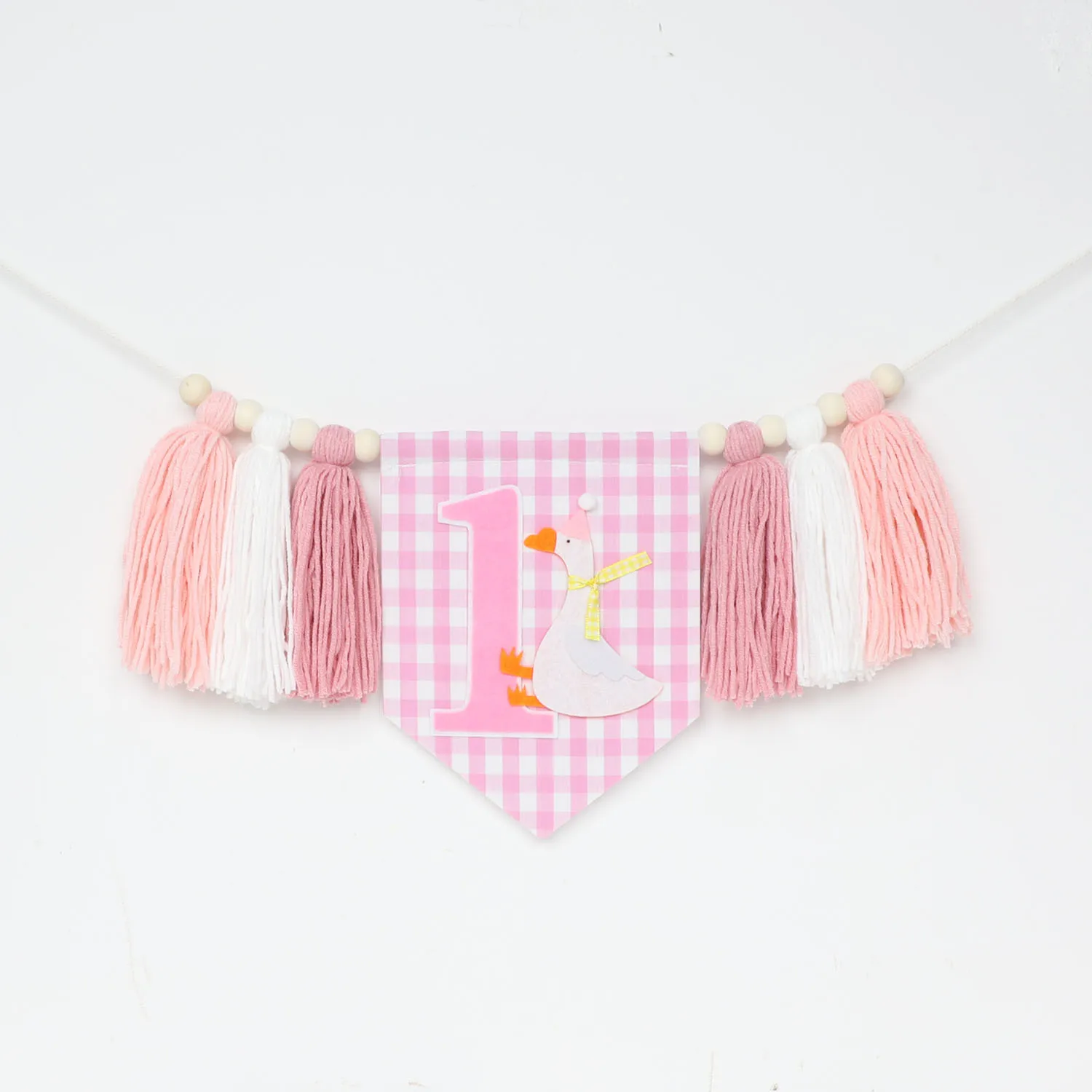 Partydekoration zum 1. Geburtstag mit Gänsemotiv, rosa kariertes Girlandenbanner, Geburtstagshut im Bohemian-Stil, Foto-Requisite zum Geburtstag des Mädchens – Detail 4