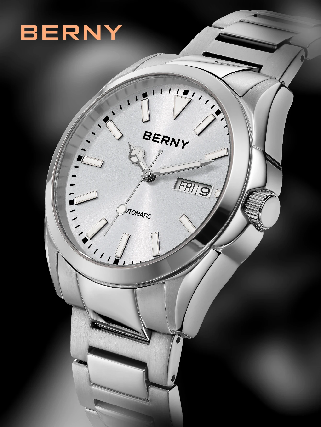 BERNY Automatikuhren für Herren, superleuchtend, Datum und Woche, mechanische Herrenuhr, komplett aus Edelstahl, Armbanduhr NH36, Saphir – Detail 13