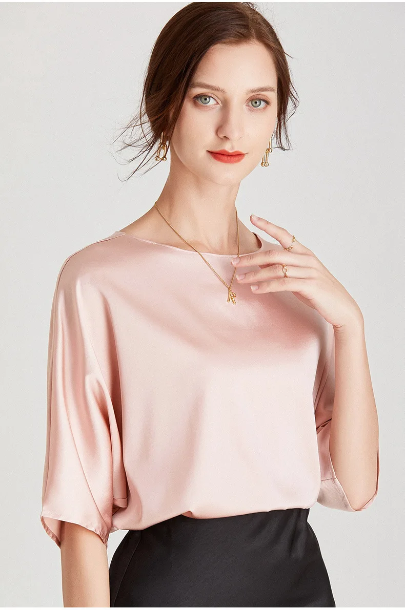 Heavyweight Satin T-shirt for Women High-end and Atmospheric Summer Satin Silky T-shirt for Women White T Shirt