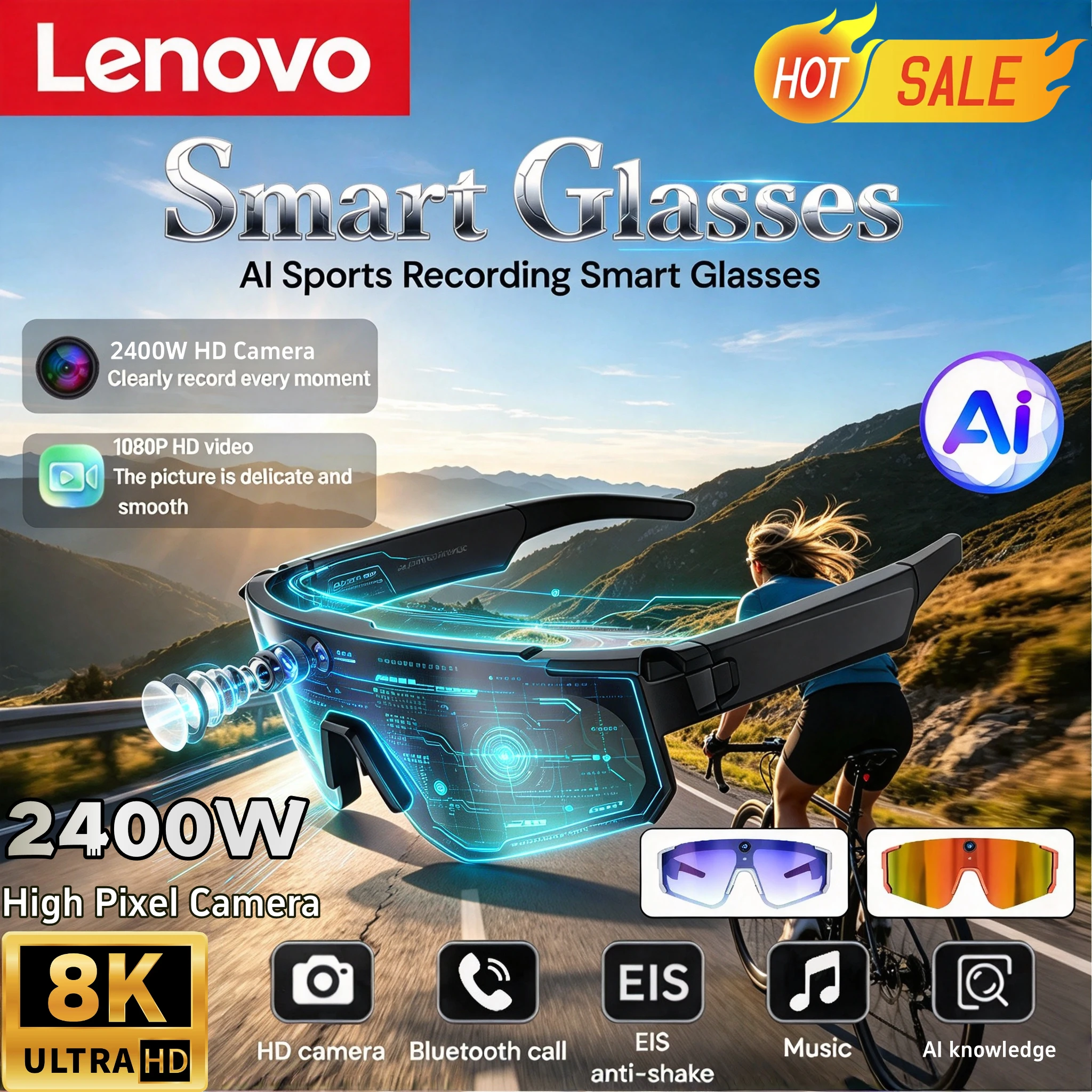 Lenovo New Smart Shooting&Recording Glasses 2400W Camera HD Anti-Shake Bicycle Riding Shooting Artifact Windproof Goggles 2027