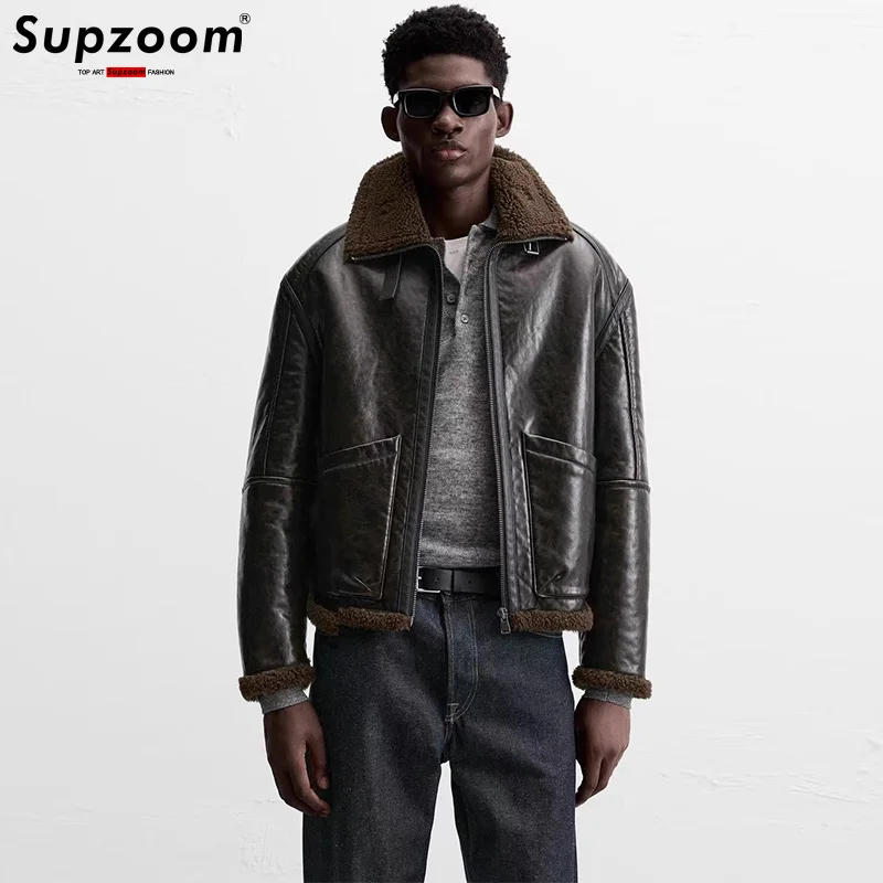 Supzoom New Arrival Top Fashion Autumn And Winter Men Casual Zipper Turn-down Collar Short Thick Imitation Leather Jacket