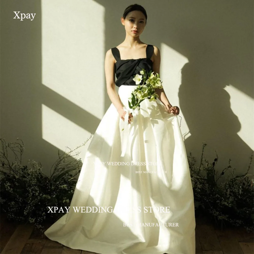 XPAY Elegant Black White Square Neck Korea Wedding Dress Bride Gown Corset Backless Wedding Photos Shoot Wide Strap Bridal Gown