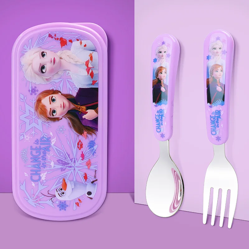 Disney Frozen Elsa&Anna 2pcs Stainless Steel Cutlery Set Portable Fork Spoon With Decorative Case Kid Reusable Mealtime Utensils