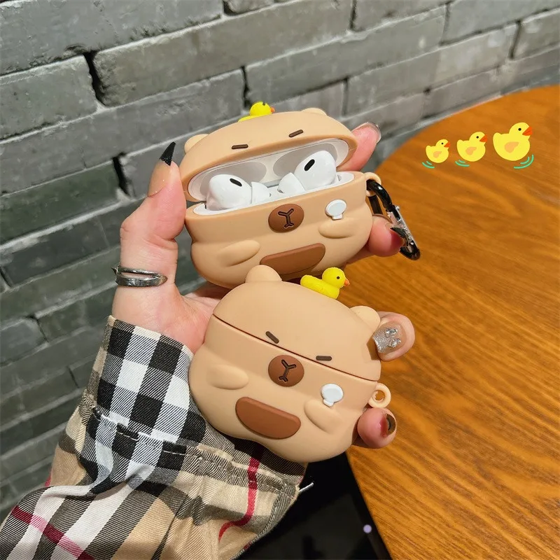 For Airpods 5 2026 Pro 3 2 4 Pro3 Pro2 Earphone Case Cute 3D Cartoon Capybara Soft Silicone Duck Headphone Cover with Carabiner