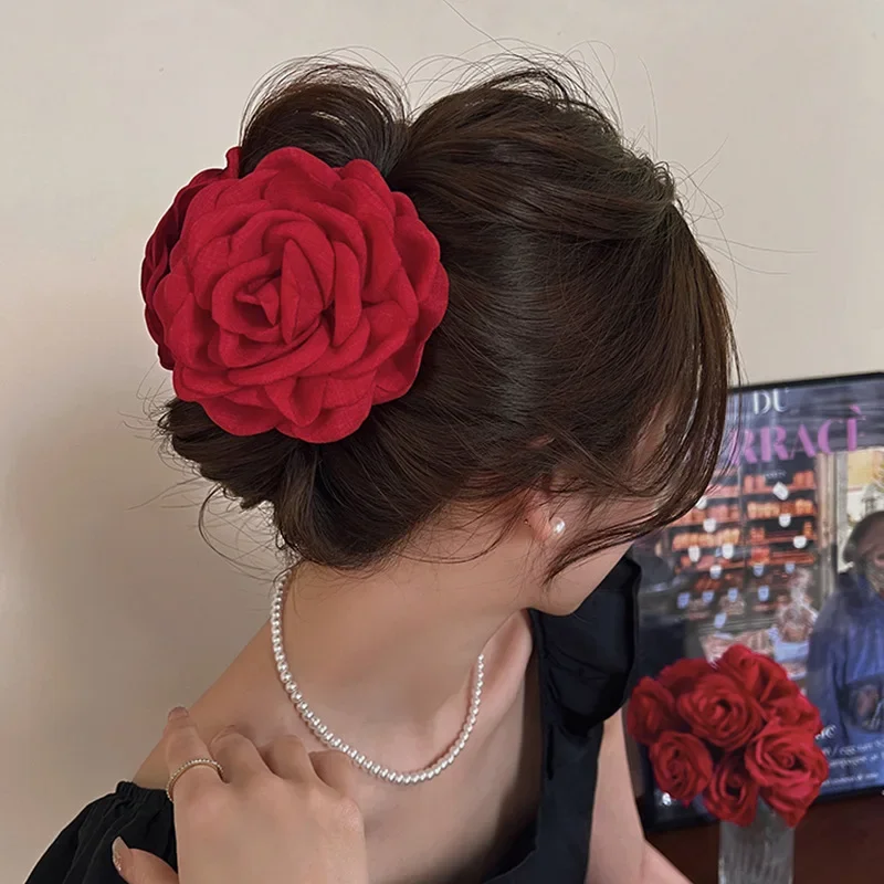 Elegant Fabric Rose Flower Hair Claw Women French Large Shark Clip Crab Clamp Fashion Headwear Girls Hair Accessories