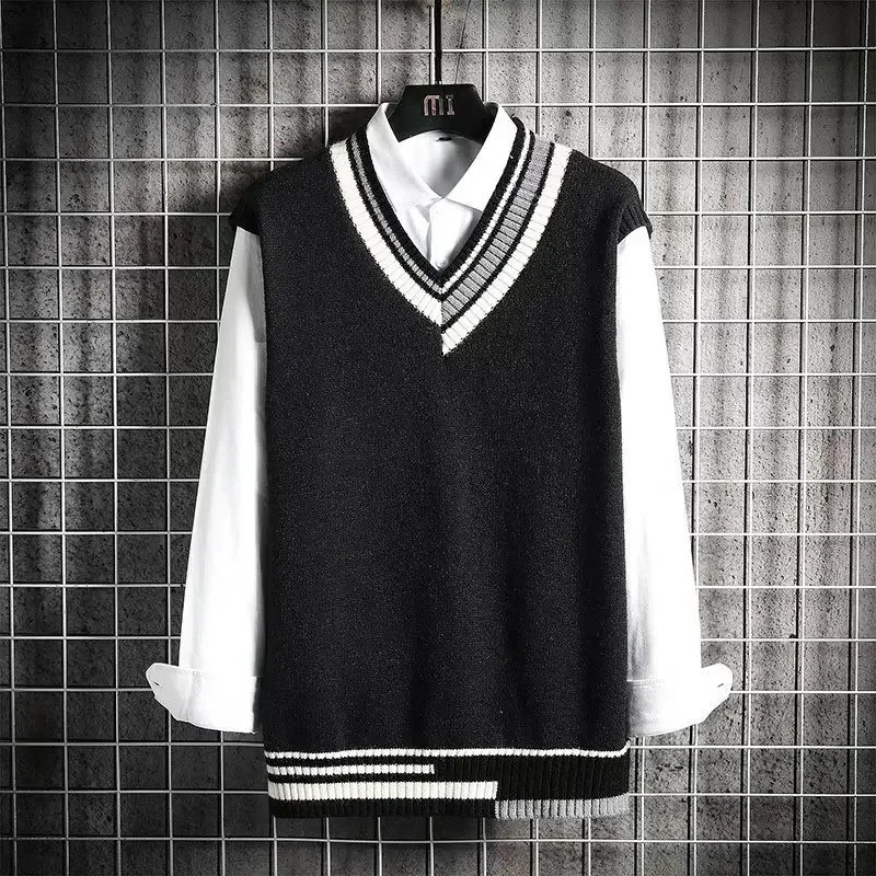 Men's V-Neck Vintage Fall Winter Knit Shoulder Vest Loose-Fit Casual Sweater Korean Style Stackable Layering Without Sleeves