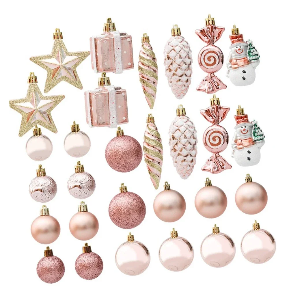 

Rose Gold Christmas Baubles Set with Unique Holiday Designs for Indoor Outdoor Use Including Tree Top Reindeer