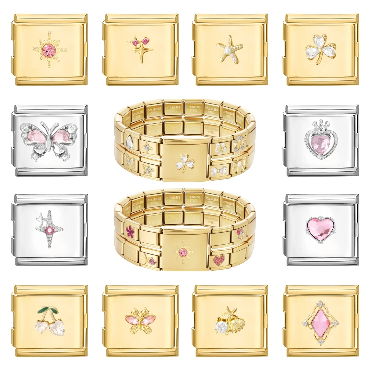 Wholesale Y2K Crystal Flowers Butterfly Bow Star Starfish 20MM Width Italian Charm Links Stainless Steel Bracelet DIY Making