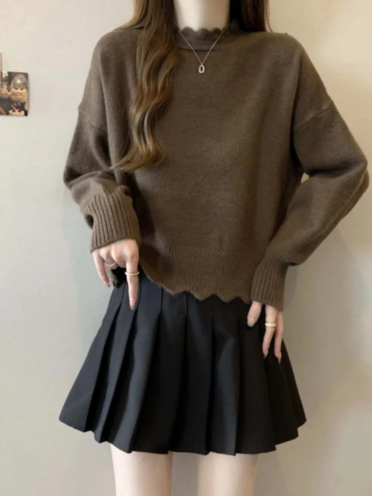 Chic Short Sleeve Long Knitted Sweater Women Spring Autumn plus Size Design Sense Wooden  Large Fluffy Base Shirt
