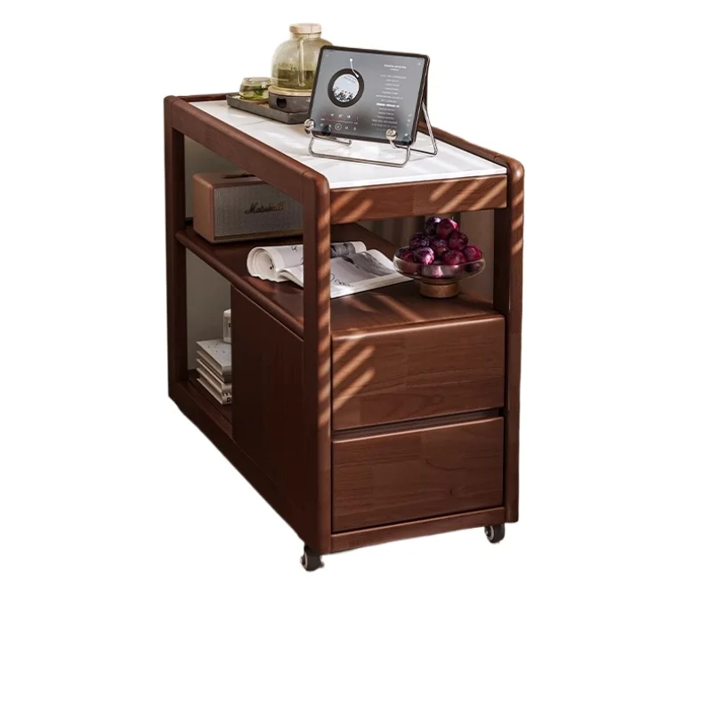 Movable solid wood sofa side cabinet, rock slab side with wheeled tea table, small apartment 2025 new model