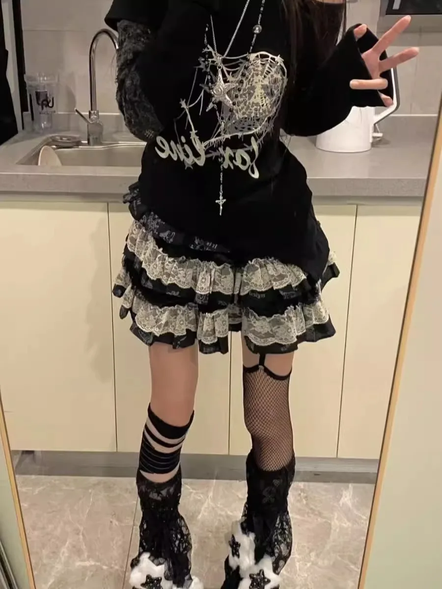 Y2K 밀레니엄 펑크 스윗 쿨 레이스 케이크 스커트 여성 여름 서브컬쳐 펑크 스몰 사이즈 플러피 스커트 하이웨이스트 A라인...