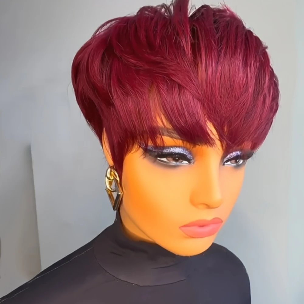 99J Burgundy สี Pixie ตัดตรงวิกผมผมมนุษย์ผู้หญิงเต็มรูปแบบวิกผมมนุษย์ 150% ความหนาแน่น 6 นิ้ว