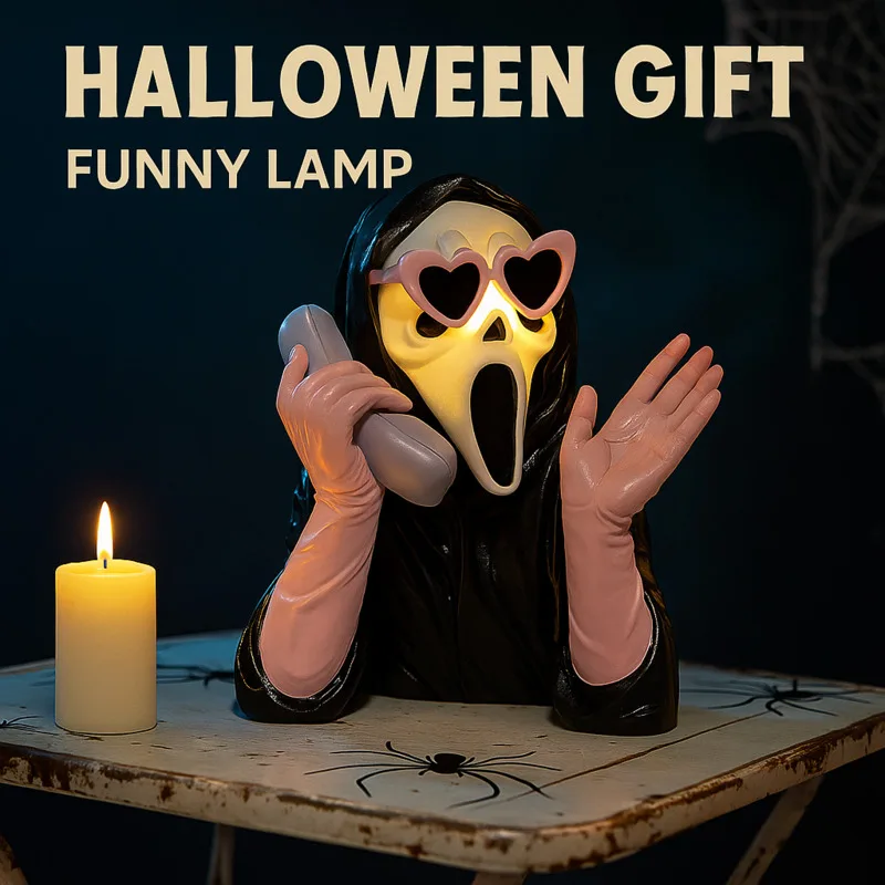 

LED Light Resin Ghost Face Girl Phone Stand Halloween Horror Figurine Gothic Desk Decoration For Home Office Party Props