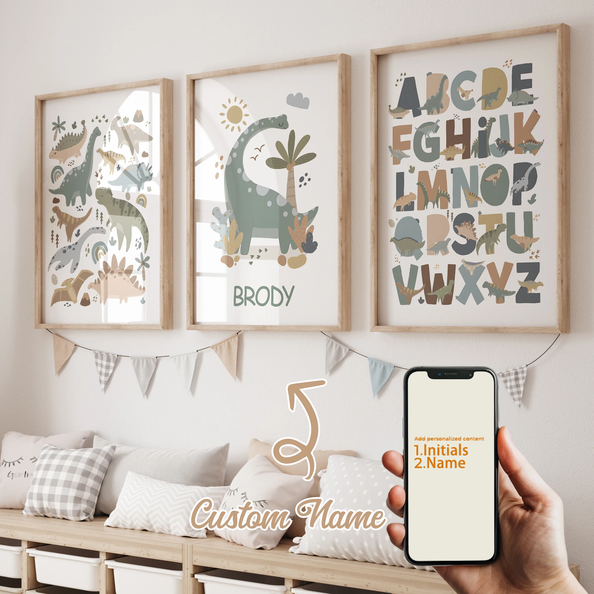 3pcs Personalized Custom Name Cartoon Animal Dinosaur Wall Art Print Picture Canvas Poster Painting For Living Room Home Decor