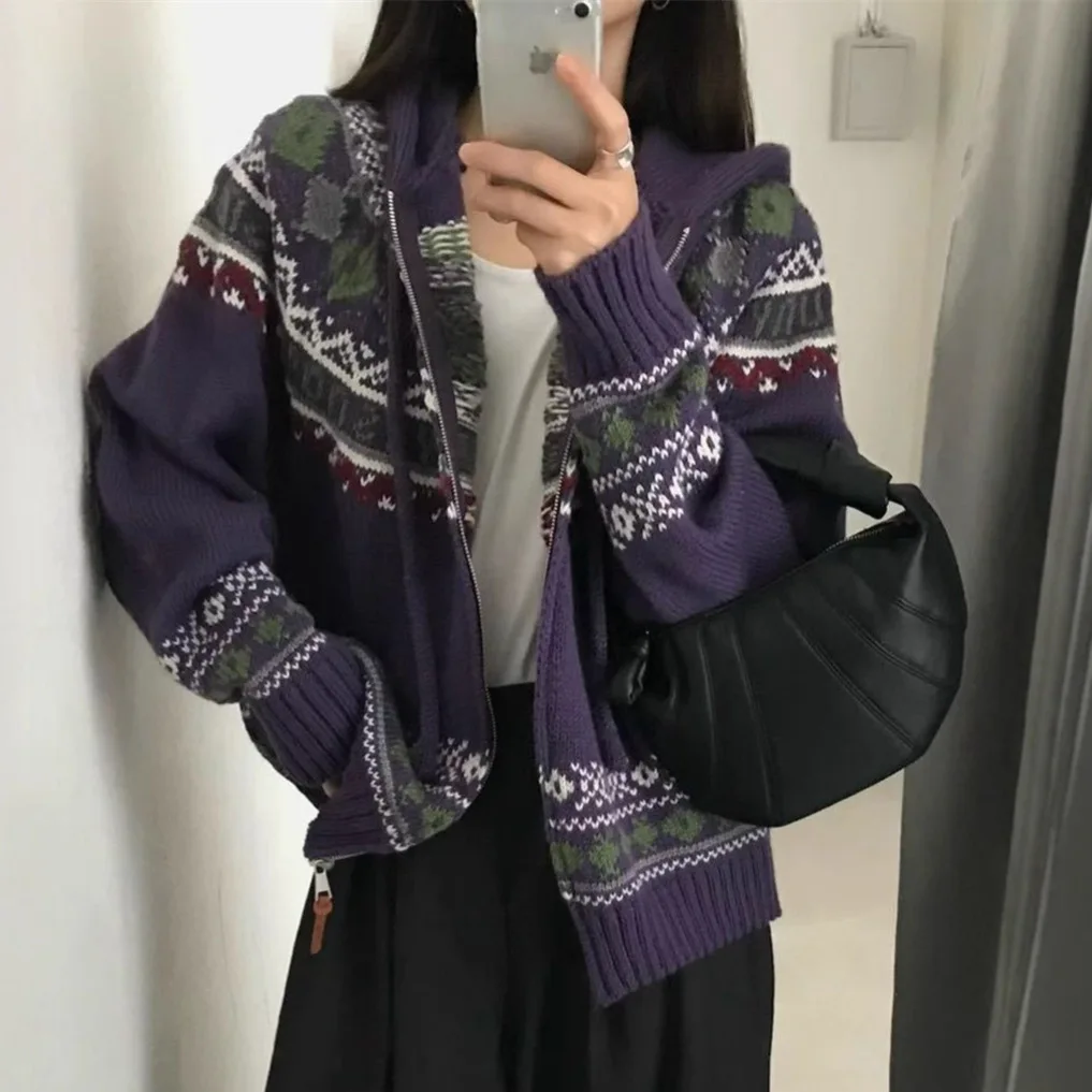 

Cardigan Women Sweaters Knitted Hooded Zipper Full Sleeve Jumpers Y2k Streetwear Elegant Splice Knit Open Stith Autumn Winter