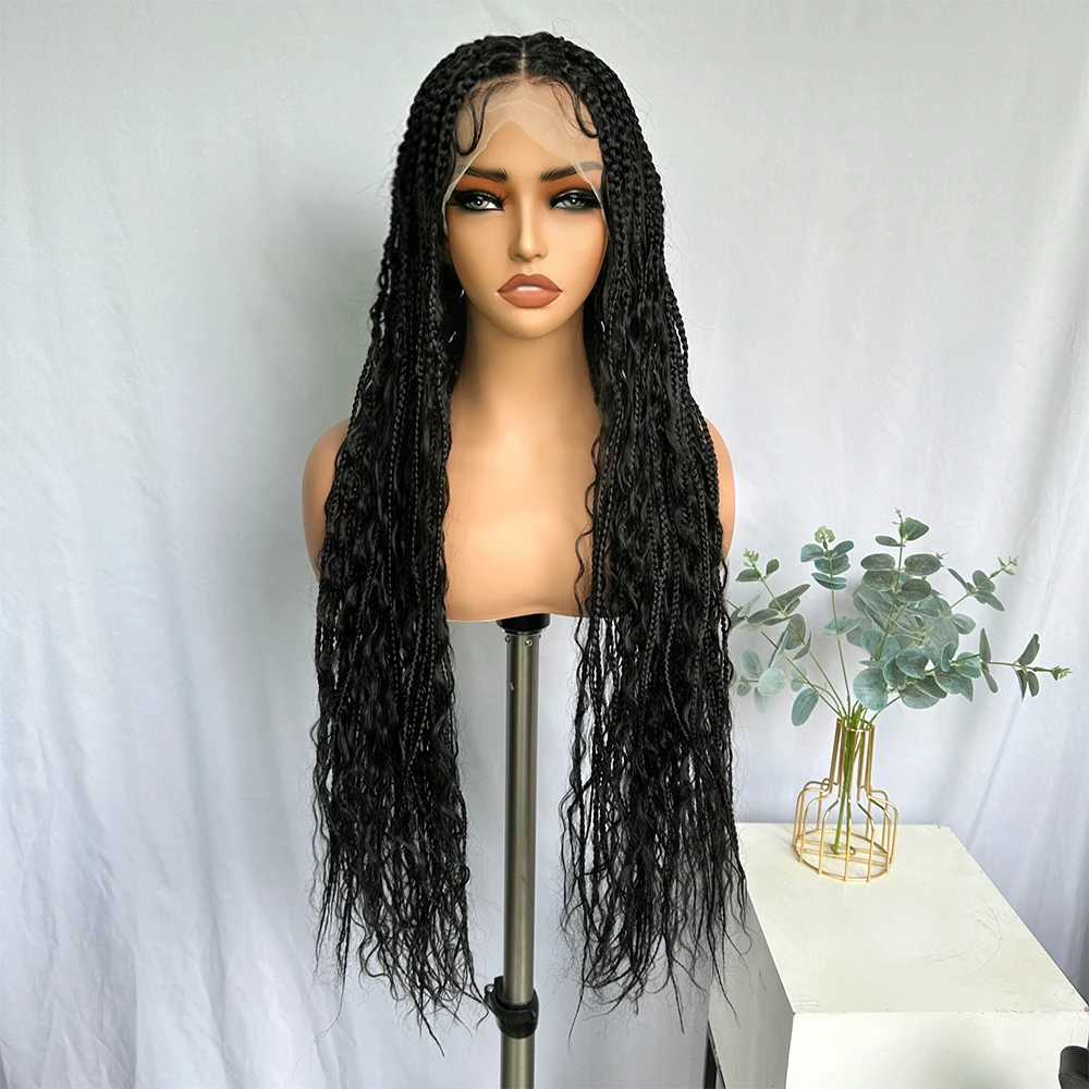 Iparty Full Lace Frontal Bohemian Box Braids Wigs with Boho Curls 32 Inch Hand Made Square Braided Wigs with Baby Hair for Women