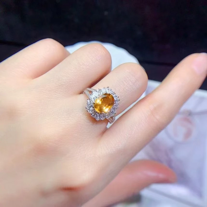 

VVS Grade Natural Citrine Ring 7mm*9mm 2ct Citrine Silver Ring November Birthstone 925 Silver Yellow Crystal Ring for Party