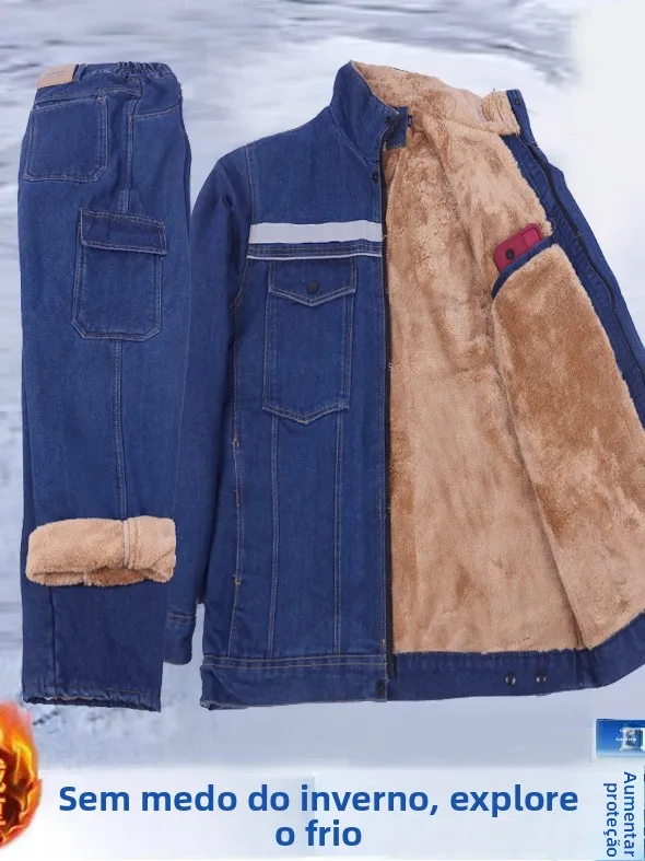 厚手の溶接工用冬用デニムジャケット、綿製作業服、フリース裏地付き、耐熱性、耐摩耗性、保温性のある電気溶接ユニフォーム