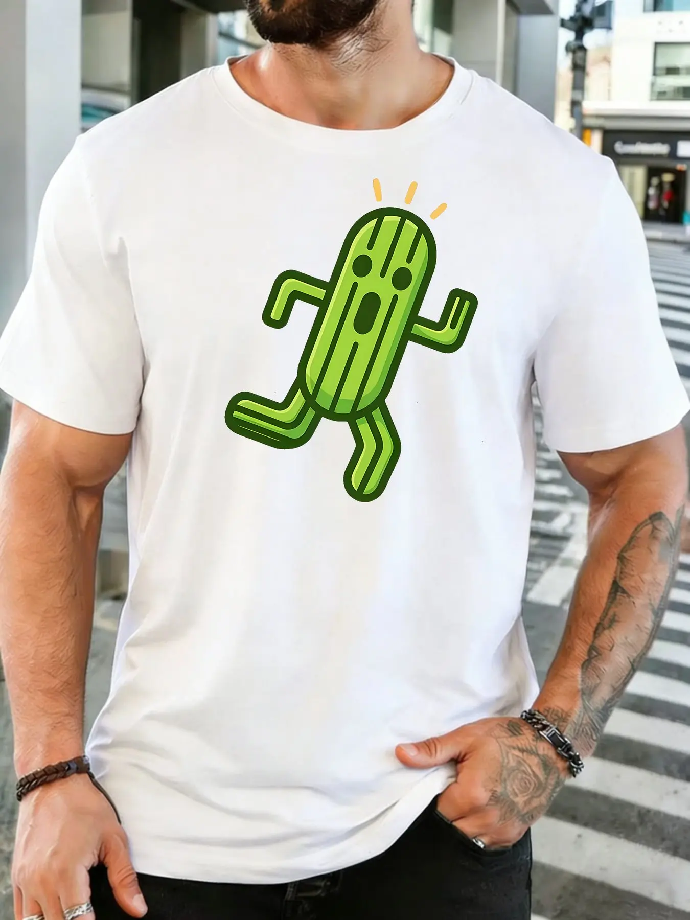 Men Red Crew Neck Tee Cute Cartoon Running Green Cactus With Shocked Face Funny Desert Plant Graphic Soft Cotton Casual Top