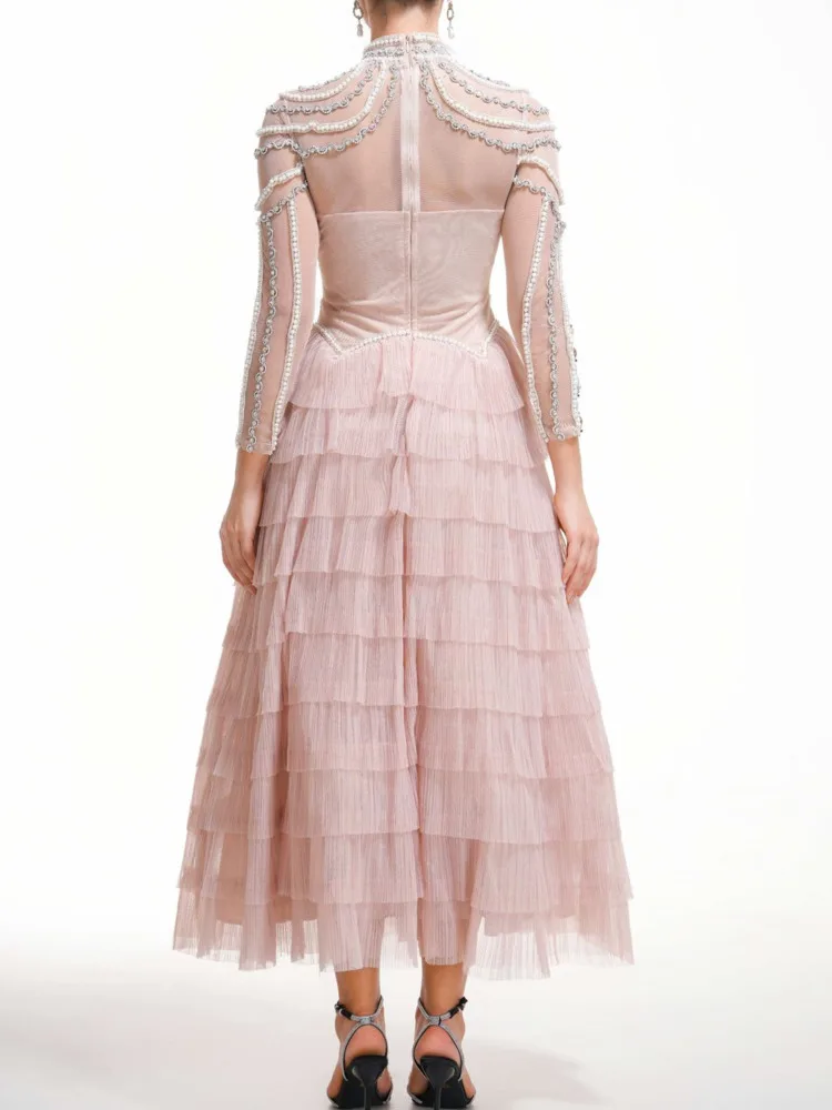 QMQA Fashion Women\'s Solid Beaded Design Dresses Round Neck High Waist Long Sleeve Elegant Dress Female Spring 2024 New 1A120