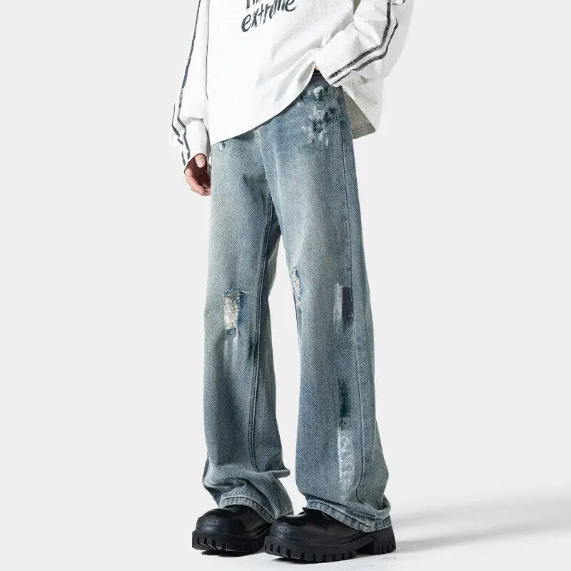 

Fashion Printed Men's Oversized Ripped Jeans 2025 Spring Autumn Youth Hip Hop Streetwear Cotton Denim Pants Straight Trousers